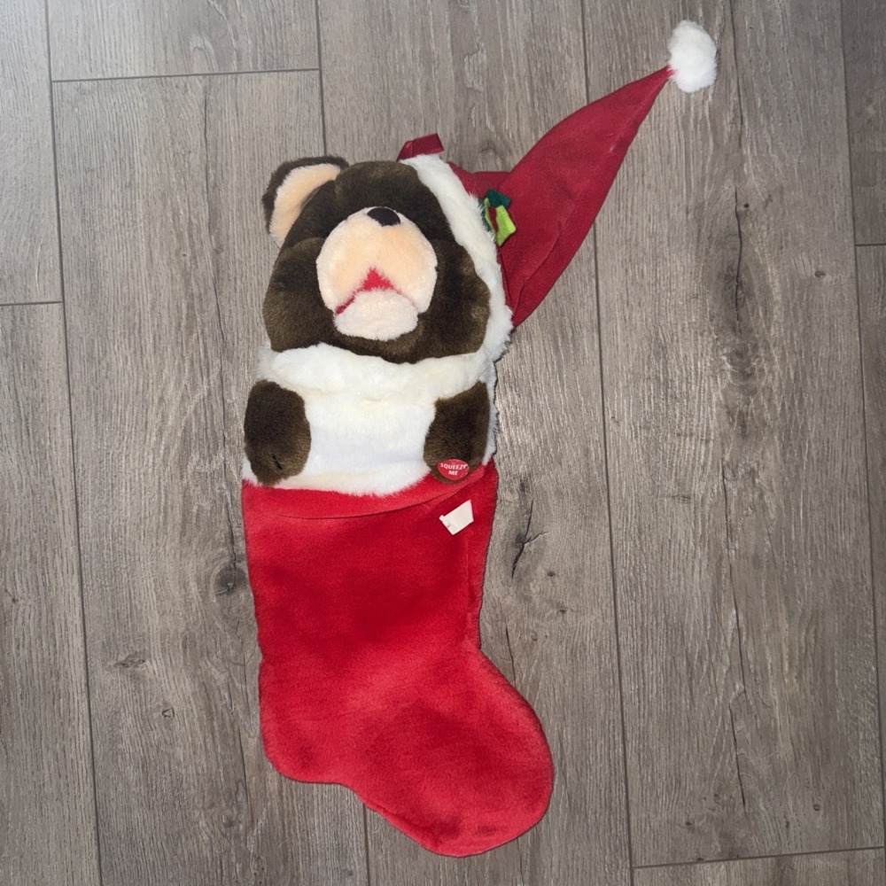 21"‎ VINTAGE DARK BROWN TEDDY BEAR CHRISTMAS STOCKING RED PLUSH TESTED